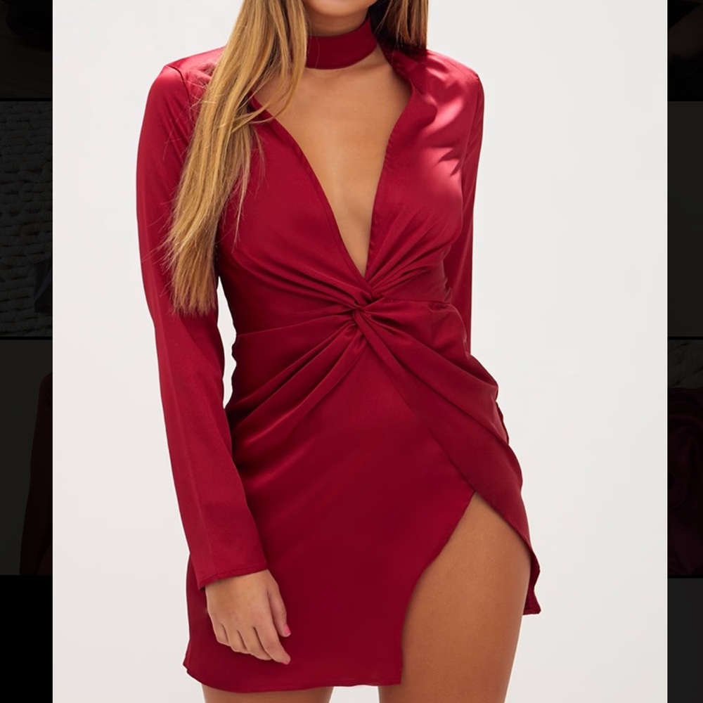 Burgundy Satin Choker Detail Wrap Bodycon Dress
